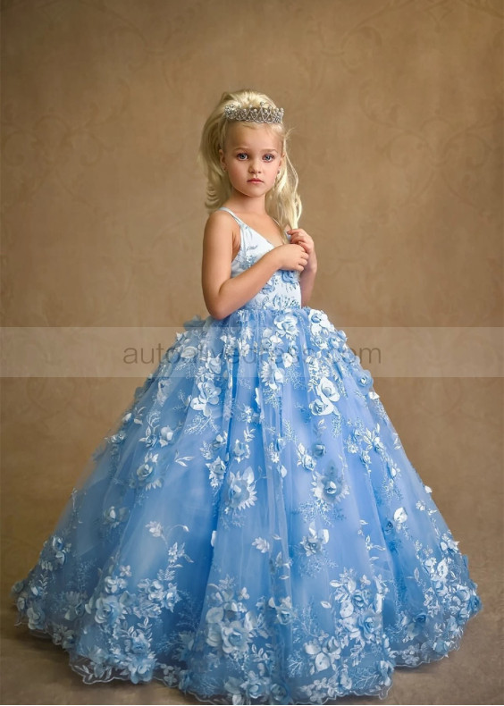 Blue Beaded Lace Tulle Blossom Flower Girl Dress